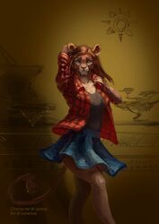  anthro bottomwear clothed clothing ear_piercing felid female hair hand_behind_head lion long_hair looking_at_viewer mammal pantherine piercing saterina shirt skirt solo standing tail tail_tuft topwear tuft whiskers 