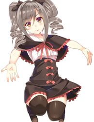  ashu brown_thighhighs capelet commentary_request drill_hair female grey_hair hair_ribbon idolmaster idolmaster_cinderella_girls kanzaki_ranko ribbon shirt simple_background skirt solo thighhighs twin_drills white_background yellow_eyes zettai_ryouiki 