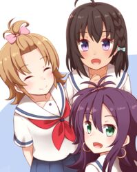  3girls ahoge bad_id bad_pixiv_id black_hair blue_skirt braid brown_hair closed_eyes earrings green_eyes high_school_fleet highres jewelry kapatarou katsuta_satoko light_brown_hair long_hair looking_at_viewer multiple_girls neckerchief open_mouth pleated_skirt purple_eyes purple_hair red_neckerchief school_uniform serafuku short_hair short_sleeves side_ponytail skirt topknot uchida_mayumi yamashita_hideko yokosuka_girls_marine_high_school_uniform 