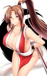  ahoge bare_shoulders breasts brown_eyes brown_hair cleavage collarbone cowboy_shot fatal_fury female folded_fan folding_fan hand_fan hand_on_own_hip japanese_clothes large_breasts leaning_forward long_hair looking_at_viewer megatama parted_bangs pelvic_curtain ponytail revealing_clothes rope shiranui_mai smile snk solo the_king_of_fighters very_long_hair wristband 