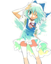  ;o bad_id bad_pixiv_id bare_legs blue_dress blue_eyes blue_hair blue_ribbon bow cirno commentary_request dress female hairbow hand_on_own_forehead one_eye_closed partial_commentary photoshop_(medium) ribbon short_hair simple_background solo touhou white_background wings yuu_(kfc) 