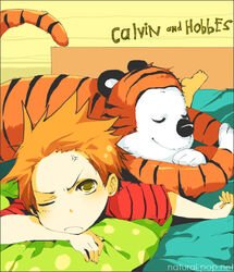  1boy anger_vein animal_ears bed blonde_hair brown_eyes calvin_&amp;_hobbes calvin_(calvin_&amp;_hobbes) closed_eyes commentary_request hobbes_(calvin_&amp;_hobbes) loveariddle lying on_stomach photoshop_(medium) pillow pout shirt short_hair shorts spiked_hair striped_clothes striped_shirt tail tiger tiger_ears tiger_tail 