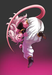  android_21 black_sclera breasts dragon_ball dragon_ball_fighterz female harem_pants high_heel_boots majin_(race) majin_android_21 messy_hair nail_polish pants pink_skin red_eyes solo tail 