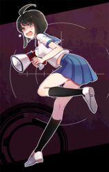  ahoge bad_id bad_pixiv_id black_socks blue_skirt broccoli_(03) brown_eyes brown_hair crying crying_with_eyes_open danganronpa_(series) danganronpa_another_episode:_ultra_despair_girls female kneehighs megaphone naegi_komaru open_mouth pleated_skirt school_uniform serafuku short_hair short_sleeves skirt socks solo tears 