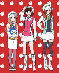  3girls :d adjusting_clothes adjusting_headwear animal apple arashigaoka_academy_school_uniform bird black_legwear blue_eyes boots bow bowtie brown_eyes brown_hair commentary cosplay creator_connection cross-laced_footwear crossover curly_hair food fruit hand_on_own_hip hat holding holding_animal ikuhara_kunihiko_(style) knee_boots lace-up_boots long_hair looking_at_viewer mawaru_penguindrum mo2 multiple_girls natsume_masako necktie oginome_ringo open_mouth pantyhose penguin penguin_3-gou purple_eyes red_background school_uniform short_hair skirt smile takakura_himari thighhighs tsubaki_kureha tsubaki_kureha_(cosplay) white_footwear yuri_kuma_arashi yurigasaki_lulu yurigasaki_lulu_(cosplay) yurishiro_ginko yurishiro_ginko_(cosplay) zettai_ryouiki 