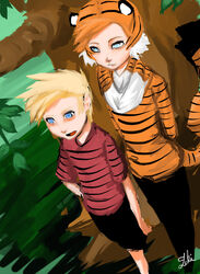  2boys animal_ears animal_print bad_deviantart_id bad_id bad_source blonde_hair blue_eyes calvin_&amp;_hobbes calvin_(calvin_&amp;_hobbes) deviantart_sample hand_on_own_hip highres hobbes_(calvin_&amp;_hobbes) hood hoodie image_sample lokiescape multiple_boys open_mouth personification shirt short_hair shorts smile spiked_hair striped_clothes striped_shirt tail tiger tiger_ears tiger_print tiger_tail tree 