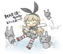  &gt;_&lt; :3 :d afloat bad_id bad_pixiv_id brown_hair chibi closed_eyes elbow_gloves female gloves hairband kantai_collection long_hair meme open_mouth pleated_skirt rensouhou-chan shimakaze_(kancolle) skirt smile thighhighs translated turret waterskiing_(meme) white_gloves x3 yuasan |_| 