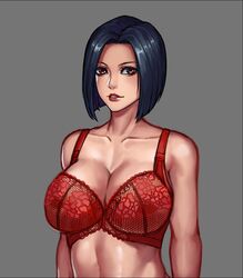  bad_id bad_pixiv_id bare_shoulders black_hair bra breasts brown_eyes chinese_commentary cleavage collarbone commentary_request female jin_yi_dui lace lace_bra large_breasts looking_at_viewer midriff original parted_lips short_hair solo underwear 