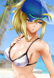  ahoge artoria_pendragon_(fate) bad_id bad_pixiv_id bare_shoulders baseball_cap beach bikini blonde_hair blue_eyes breasts cleavage commentary_request covered_nipples day fate/grand_order fate_(series) female hat highres mysterious_heroine_xx_(fate) outdoors palm_tree ponytail shima-shuu solo swimsuit tree white_bikini 