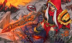  blood breasts commentary_request cosplay darksiders exaxuxer female gauntlets grey_eyes highres hood lava league_of_legends long_hair medium_breasts riven_(league_of_legends) sign skull solo_focus sword war_(darksiders) war_(darksiders)_(cosplay) weapon white_hair 