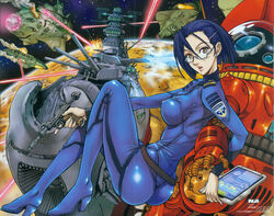  analyzer ass battle beam blue_hair bodysuit brown_eyes crease earth female glasses gun hair_ornament hairclip laser looking_at_viewer natsumoto_masato niimi_kaoru planet scan shiny shiny_clothes skin_tight space space_craft uchuu_senkan_yamato uchuu_senkan_yamato_2199 uniform weapon yamato_(uchuu_senkan_yamato) 