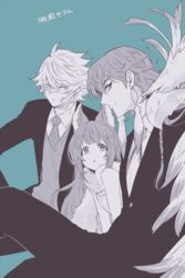  2boys aster_(granblue_fantasy) blue_background commentary_request duo_chromatic earrings erune feather_earrings feathers female formal gawain_(granblue_fantasy) granblue_fantasy gucha_(netsu) jewelry long_hair looking_at_viewer mask multiple_boys necktie nezahualpilli open_mouth scarf short_hair simple_background smile suit 