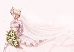  catgirl final_fantasy_xiv flowers gloves gray_eyes haimerejzero miqo&#039;te petals short_hair wedding_attire white_hair y&#039;shtola 