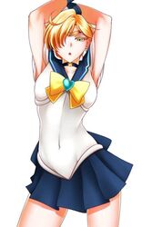  armpits arms_up bishoujo_senshi_sailor_moon blonde_hair blue_eyes blue_sailor_collar blue_skirt bow bowtie breasts choker covered_navel cowboy_shot earrings female gloves hair_over_one_eye jewelry looking_at_viewer magical_girl medium_breasts megatama parted_lips sailor_collar sailor_senshi_uniform sailor_uranus short_hair skirt solo star_(symbol) ten&#039;ou_haruka tiara very_short_hair white_gloves yellow_bow yellow_bowtie 