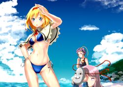  3girls aged_down alice_margatroid arm_up beach bikini blonde_hair blue_eyes breasts capelet cleavage cloud commentary_request day expressionless hairband hata_no_kokoro heart highres irusu komeiji_satori long_hair long_sleeves mask medium_breasts multiple_girls navel ocean one-piece_swimsuit outdoors pink_eyes pink_hair plaid plaid_shirt purple_hair school_swimsuit shirt short_hair side-tie_bikini_bottom sky swimsuit third_eye touhou very_long_hair water yaranaio 