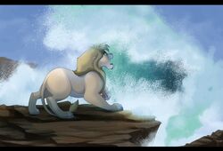  black_bars day detailed_background felid feral kitchiki lion mammal outside pantherine particles rock rocky_shore sea_spray seaside sky smile solo standing water wave 