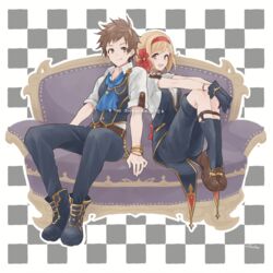  1boy aiguillette black_gloves blonde_hair bob_cut boots brown_hair checkered_background coattails commentary_request couch djeeta_(granblue_fantasy) female full_body gloves gran_(granblue_fantasy) granblue_fantasy gucha_(netsu) hair_ornament hair_ribbon hairband legs_together legwear_garter looking_at_viewer pink_hairband ribbon shorts simple_background sitting smile song_name the_dragon_knights 