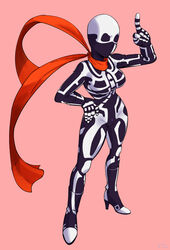  absurdres black_bodysuit bodysuit boots commentary_request facing_viewer female fighting_ex_layer full_body genderswap_(mtf) hand_on_own_hip high_heels highres index_finger_raised long_scarf mask pink_background red_scarf rule_63 scarf simple_background skeleton_print skullomania snk_heroines:_tag_team_frenzy solo unknownid zentai 