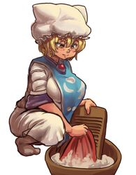  blonde_hair breasts chanta_(ayatakaoisii) commentary_request female hat large_breasts looking_down no_tail nose short_hair simple_background sleeves_rolled_up socks solo squatting tabard touhou unfinished washboard washing water white_background yakumo_ran yellow_eyes 