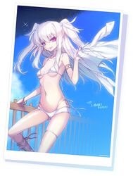  arm_support bare_shoulders bikini breasts commentary_request dougan_calpis_con female fence highres long_hair micro_bikini original photo_(object) purple_eyes sangoku_hime_2 shirt silver_hair small_breasts smile solo sousou_moutoku_(sangoku_hime) swimsuit twintails white_bikini white_shirt 