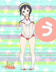  aiura black_eyes black_hair buruma commentary_request crab female gym_uniform hairband highres kneehighs legs long_hair low_twintails makinon_tm photoshop_(medium) red_buruma shirt_tug shoes socks solo twintails uehara_ayuko uwabaki white_socks 