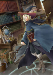  1boy androgynous aritani_mahoro blonde_hair blue_eyes book boots bottle candle candlestand commentary elf fantasy fur_trim globe hat hat_feather holding holding_staff magic_circle male_focus original photoshop_(medium) pointy_ears robe solo staff wide_sleeves witch_hat 