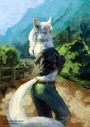  anthro ass blue_eyes butt_pose canid canine canis clothed clothing female fence fur hair mammal outside pose road saterina solo standing white_body white_fur white_hair wolf 