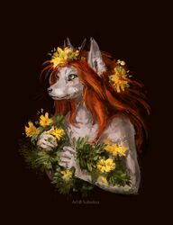  anthro canid canine female flower fox hair hi_res long_hair mammal plant saterina simple_background solo whiskers 