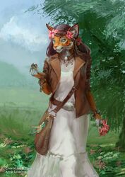  anthro belt brown_hair cheek_tuft clothed clothing collar dress facial_tuft felid female flower grass green_eyes hair holding_object jacket looking_down mammal outside pantherine plant purse saterina sky solo standing tiger topwear tree tuft 