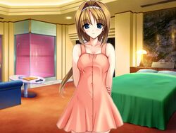  alice_soft blue_eyes blush bottomless breasts brown_hair cleavage female game_cg hairband long_hair looking_at_viewer love_hotel ponytail solo standing takamori_haruka 