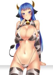  :&lt; animal_ears animal_print ass_visible_through_thighs bare_shoulders bell bikini blue_hair blush breasts bridal_gauntlets cleavage closed_mouth cow_ears cow_girl cow_horns cow_print cow_tail cowbell cowboy_shot earrings female highleg highleg_bikini horns jewelry large_breasts long_hair looking_at_viewer megatama navel original print_bikini print_thighhighs purple_eyes single_earring solo stomach swimsuit tail tail_raised thighhighs 