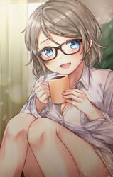  :d bad_id bad_pixiv_id bare_legs black-framed_eyewear blue_eyes breasts brown_hair cleavage coffee coffee_mug collared_shirt commentary_request cup curtains dress_shirt feet_out_of_frame female glasses grey_shirt highres holding holding_cup indoors knees_together_feet_apart knees_up long_sleeves looking_at_viewer love_live! love_live!_sunshine!! medium_breasts medium_hair mkzk_nagi mug no_pants open_mouth shirt sitting smile solo sparkle swept_bangs watanabe_you wing_collar 