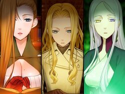  3girls anabeth_william_mardick_jr. blonde_hair bornw_hair brown_hair florence_ameghino_nightingale game_cg heterochromia keziah_mason liarsoft long_hair multiple_girls ourai_no_gahkthun purple_hair steampunk_(liarsoft) 