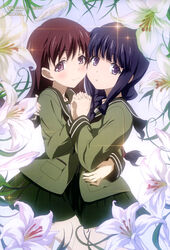  2girls :o absurdres artist_name blue_hair blush braid brown_eyes brown_hair cheek-to-cheek copyright_name flower hand_on_another&#039;s_hip hand_on_another&#039;s_shoulder heads_together highres holding_hands hug interlocked_fingers kantai_collection kantai_collection_(anime) kitakami_(kancolle) kitakami_kai_(kancolle) lily_(flower) long_hair looking_at_viewer multiple_girls mutual_hug official_art ooi_(kancolle) ooi_kai_(kancolle) open_mouth purple_eyes scan school_uniform serafuku shimizu_sorato smile white_flower white_lily yuri 