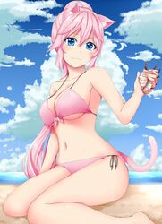  :3 animal_ears ayase_tamaki bad_id bad_pixiv_id beach bikini blue_eyes blush cat_ears cat_tail cloud collarbone conch day female front-tie_top hair_between_eyes highres holding long_hair navel original outdoors pink_bikini pink_hair ponytail shell side-tie_bikini_bottom sitting sky solo strap_gap swimsuit tail very_long_hair water wet 