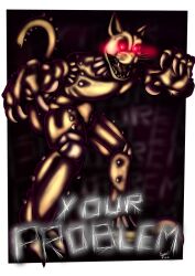  animatronic biped claws fangs fazbear_fanverse felid feline five_nights_at_candy&#039;s five_nights_at_candy&#039;s_3 five_nights_at_freddy&#039;s glowing glowing_eyes gradient_background hpiola looking_at_viewer machine male mammal metal_claws monster monster_cat_(fnac) red_eyes robot scottgames signature simple_background solo tail teeth text the_cat 