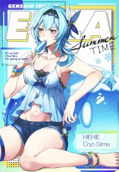  alternate_costume anklet bead_anklet black_hairband blue_camisole bracelet breasts camisole character_name collarbone cover cutoffs english_text eula_(genshin_impact) fake_magazine_cover female food genshin_impact hair_ornament hairband highres holding holding_food holding_popsicle jewelry looking_to_the_side magazine_cover medium_breasts medium_hair midriff navel open_mouth popsicle shibuki_kamone sitting slime_(genshin_impact) solo stomach sweatdrop thigh_strap thighs vision_(genshin_impact) wariza yellow_eyes 