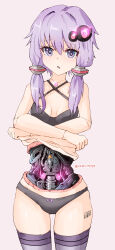  absurdres black_bra black_panties bra breasts cowboy_shot female hair_between_eyes highres joints mechanical_parts panties purple_eyes purple_hair purple_thighhighs rasen_manga robot_joints short_hair_with_long_locks small_breasts solo thighhighs twitter_username underwear underwear_only vocaloid yuzuki_yukari 