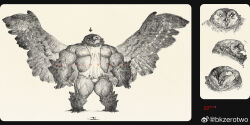  1boy bara bare_pectorals belly bk_zerotwo blank_eyes bulge full_body graphite_(medium) greyscale highres large_pectorals male_focus monochrome multiple_views muscular muscular_male nipples original owlbear paid_reward_available pectorals spread_wings standing thick_arms thighs_together traditional_media white_background 