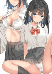  black_hair black_socks blue_eyes blue_hair blush bow bowtie bra breasts closed_mouth collarbone collared_shirt colored_inner_hair commentary_request dress_shirt female grey_skirt hair_ornament hairclip highres kneehighs long_hair medium_breasts mole mole_on_breast mole_on_neck multicolored_hair multiple_views navel original panties pleated_skirt red_bow red_bowtie school_uniform shirt shirt_tucked_in sidelocks simple_background skirt socks spread_legs stomach sunsun2812 sweatdrop underwear undressing white_background white_bra white_panties 