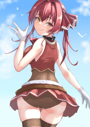  absurdres ass black_choker black_thighhighs blue_sky blush breasts choker cloud cropped_jacket female frilled_choker frills hair_ribbon heterochromia highres hololive houshou_marine houshou_marine_(1st_costume) jacket large_breasts leotard leotard_under_clothes long_hair looking_at_viewer oerba_yun_fang red_eyes red_hair red_jacket red_ribbon red_skirt ribbon simple_bird skin_fang skirt sky sleeveless sleeveless_jacket smile solo thighhighs tonton_utaro twintails very_long_hair virtual_youtuber yellow_eyes 