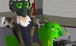  alien ambiguous_gender antennae_(anatomy) armor domestic_cat duo felid feline felis feral fur gas_mask gnarpy green_body green_fur gun half-life headgear hecu_marine helmet male mammal mask ranged_weapon rifle savo tail valve weapon 