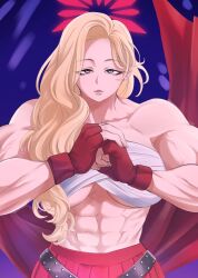  abs akemi_(blue_archive) blonde_hair blue_archive breasts chest_sarashi delinquent female fingerless_gloves gloves halo highres lips long_hair looking_at_viewer mole mole_under_eye muscular muscular_female navel red_gloves red_halo sarashi shirokuro_ookami solo 