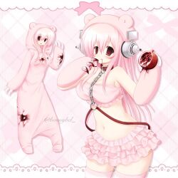  2000s_(style) animal_costume animal_ear_headphones animal_ears bear_costume bear_ears blood breasts chains claws collar commentary cosplay english_commentary fake_animal_ears female food fruit gloomy_bear gloomy_bear_(cosplay) headphones highres holding holding_food hood hood_up itazuraguma_no_gloomy jelly_(bonnybel) kigurumi large_breasts midriff multiple_views navel nitroplus official_alternate_costume pink_hair pomegranate red_eyes scene_fashion skirt strapless super_sonico tube_top watermark 