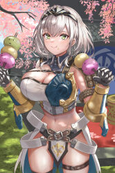  absurdres adapted_costume armor blush breasts cherry_blossoms cleavage dango eating female food green_eyes grey_hair highres hololive large_breasts looking_at_viewer midriff navel outdoors shirogane_noel shirogane_noel_(1st_costume) short_hair solo standing strapless thigh_strap tonton_utaro tube_top virtual_youtuber wagashi white_tube_top 