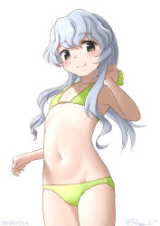  bikini brown_eyes cowboy_shot female flat_chest green_bikini grey_hair kantai_collection low_ponytail navel one-hour_drawing_challenge ray.s sidelocks simple_background smile solo swimsuit white_background yamagumo_(kancolle) 