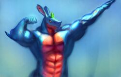  abs biceps big_muscles blue_body drakei fish flexing flexing_biceps flexing_muscles hi_res horn male marine muscular muscular_male pecs pose red_body shark simple_background solo 