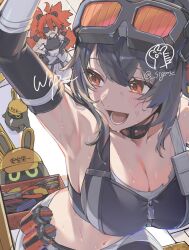  2girls armlet armpits arms_up asymmetrical_gloves baggy_pants bangboo_(zenless_zone_zero) bare_shoulders black_sports_bra blush box breasts canister choker cleavage commentary_request crop_top elbow_sleeve eyepatch from_above goggles goggles_on_head grace_howard hands_on_own_hips jewelry jumpsuit jumpsuit_around_waist koleda_belobog large_breasts midriff multiple_girls navel open_mouth orange_eyes pants pliers red_hair safety_(zenless_zone_zero) screwdriver sidelocks sigm sports_bra sweat sweaty_armpits tools twitter_username two_side_up unfinished zenless_zone_zero zipper_pull_tab zipper_top 