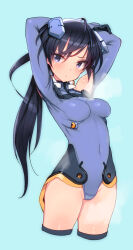  arms_up bare_shoulders black_hair blue_eyes blue_gloves blue_leotard blush breasts clothing_cutout covered_navel female gloves high_ponytail ichijou_eika leotard long_hair looking_at_viewer motion_slit pilot_suit ponytail shimada_fumikane shiny_skin shoulder_cutout simple_background skin_tight sky_girls solo standing steaming_body very_long_hair 