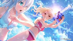  2girls bang_dream! bikini blonde_hair blue_eyes blush breasts brown_eyes cleavage clenched_teeth collarbone commentary_request copyright_notice hair_between_eyes halterneck highres kirigaya_toko kurata_mashiro long_hair looking_at_viewer medium_breasts medium_hair multiple_girls navel official_alternate_costume official_art one_eye_closed open_mouth pink_bikini ponytail stomach swimsuit teeth upper_teeth_only water_gun wet white_bikini white_hair 